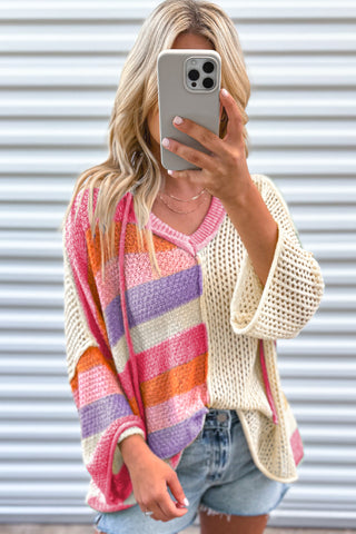DEAR-LOVER Beige Oversized Colorblock V Neck Hooded Sweater