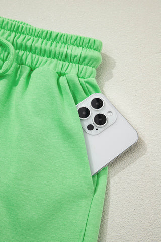 Light Blue Solid Color Puffy Loose Top Drawstring Shorts 2pcs Outfit