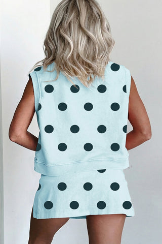 Pink Ribbed Trim Polka Dot Print Tank Split Mini Skort 2pcs Set