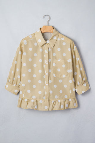 White Polka Dot Print Three Quarter Sleeve Ruffle Hem Casual Shirt