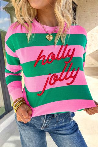 Red Stripe holly jolly Letter Embroidered Pullover Sweatshirt