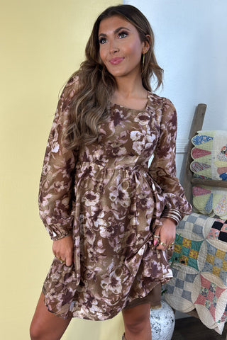 Brown Abstract Floral Print Square Neck Long Sleeve Mini Shift Dress