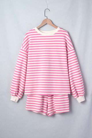 Pink Striped Long Sleeve Crew Neck Drawstring Waist Shorts Set