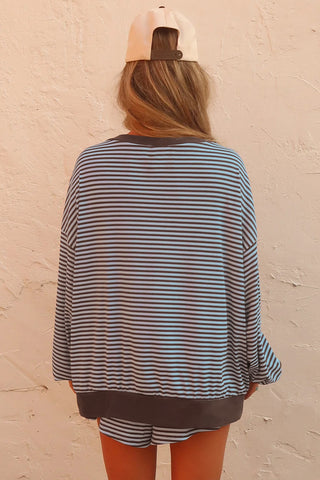 Blue Stripe Oversized Long Sleeve Top Drawstring Loose Shorts 2pcs Set