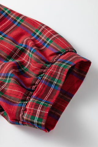 Red Plaid Print Contrast Trim V Neck Short Sleeve Blouse