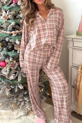 Pink Plaid Patch Pockets Long Sleeve Lounge Set