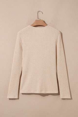 Apricot Solid Color Ribbed Knit Cowl Neck Long Sleeve Top