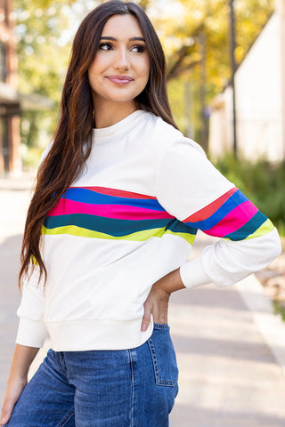 White Colorful Striped Accent Long Sleeve T Shirt