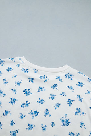 Sky Blue Floral Print Long Sleeve Top Elastic Waist Ruffle Hem Shorts 2pcs Set
