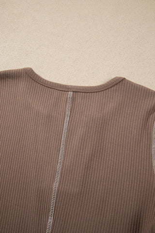 Dark Khaki V Neck Ribbed Stitched Detail Long Sleeve Top