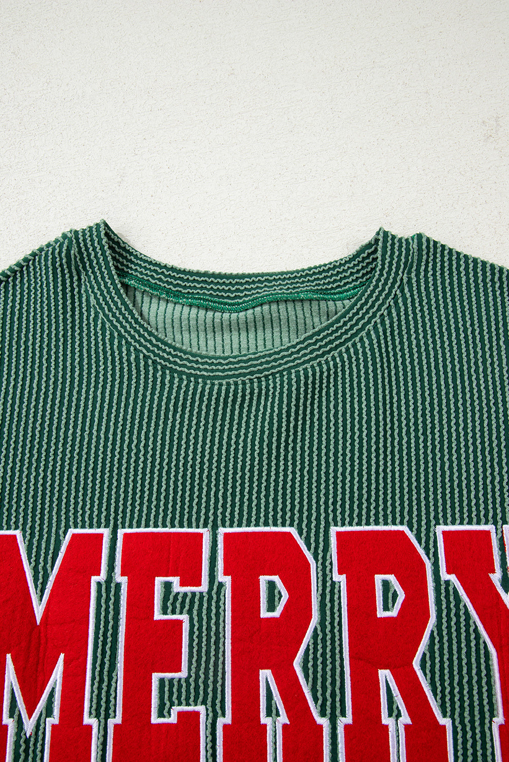 Blackish Green Twisted Rib Outlined Merry Letter Graphic Loose Long Sleeve Top