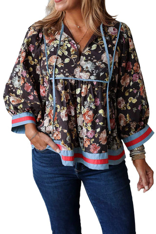 Black Floral Print Contrast Trim Tie V Neck Bracelet Sleeve Blouse