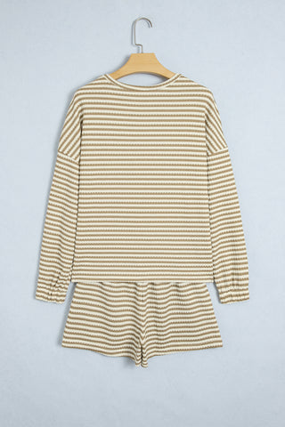 Brown Stripe Textured Knit Long Sleeve Top Elastic Waist Shorts Casual Outfit