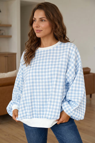 Light Blue Plaid Round Neck Long Sleeve Sweatshirt