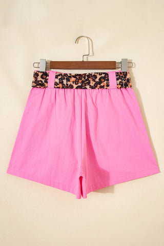 Oatmeal Leopard Contrast Sash Belt Pleated Wide Leg Shorts