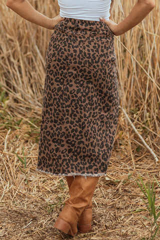 Brown Leopard Print Side Split Frayed Hem Denim Midi Skirt