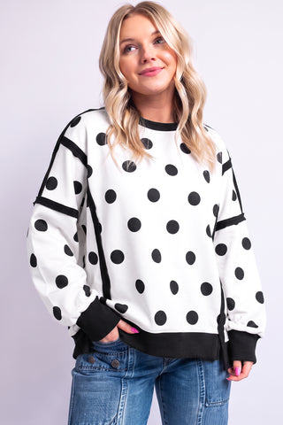 White Polka Dot Contrast Patchwork Round Neck Baggy Sweatshirt