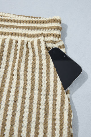 Brown Stripe Textured Knit Long Sleeve Top Elastic Waist Shorts Casual Outfit