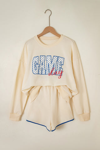 Beige Game Day Crewneck Long Sleeve Pullover Athleisure Short Sets