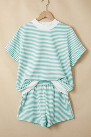 Sky Blue Stripe Cuffed Sleeve Contrast Mock Neck Tee Casual 2pcs Short Set