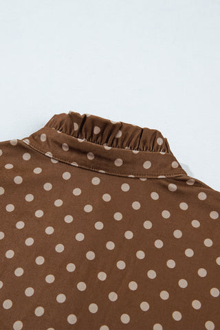 Brown Polka Dot V Neck Long Sleeve Button Shift Dress