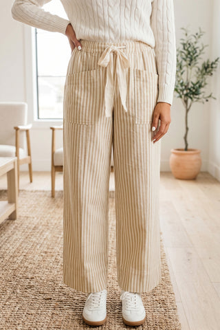 Apricot Stripe Ribbon Drawstring Waist Full-Length Shift Pant