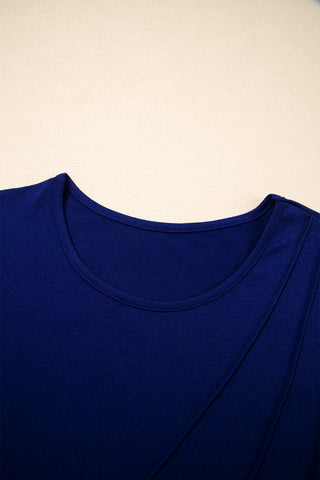 Navy Blue Asymmetric Seam Detail Solid Color Long Sleeve Top