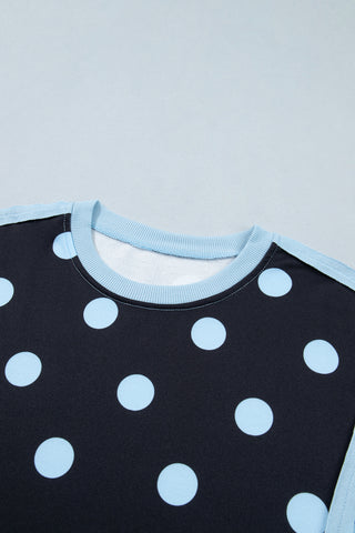 White Polka Dot Contrast Patchwork Round Neck Baggy Sweatshirt