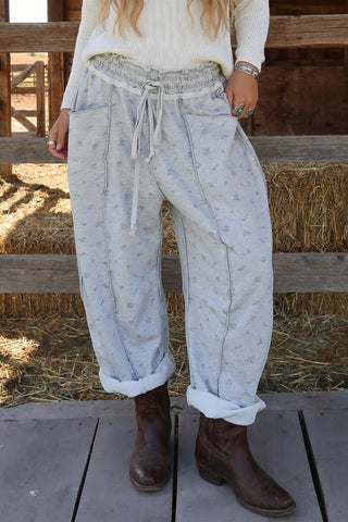 Gray Floral Print Elastic Waist Regular Fit Pants