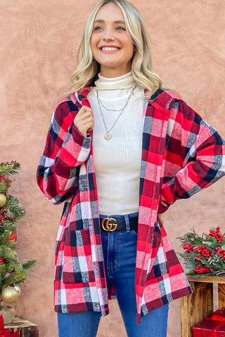 Red Riding Hooded Plaid Cardigan