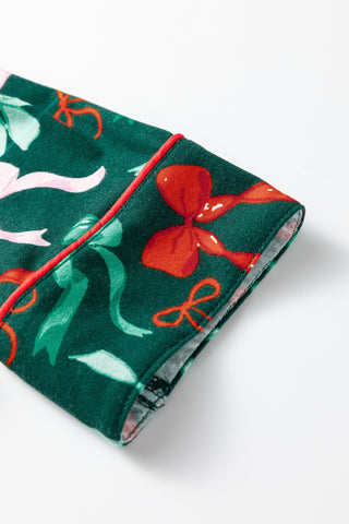 Green Festive Bow Print Long Sleeve Shirt and Pajama Short Set