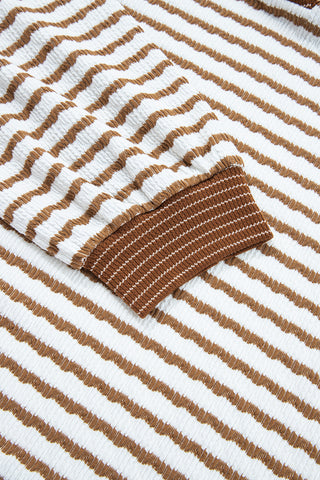 Khaki Stripe Plus Size Collared V Neck Loose Pullover Drawstring Elastic Waist Wide Leg Pant Set