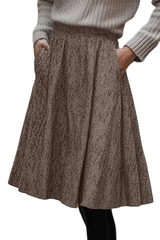 Brown Solid Color Textured Pleated Midi Skirt