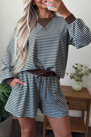 Blue Stripe Oversized Long Sleeve Top Drawstring Loose Shorts 2pcs Set