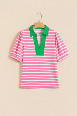 Black Stripe Short Puff Sleeve Color Block Polo Collar Blouse