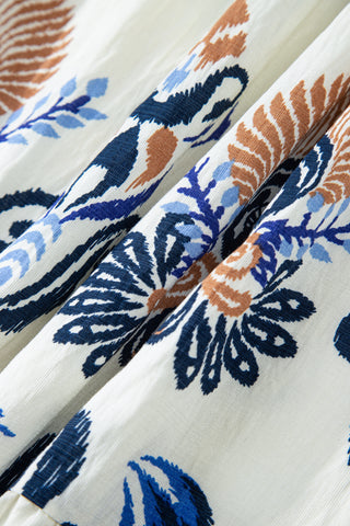 Sky Blue Plus Size Boho Print Split Neck Long Sleeve Mini Dress