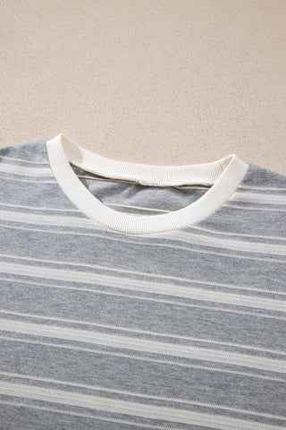 Gray Stripe Long Sleeve Round Neck Tunic Top