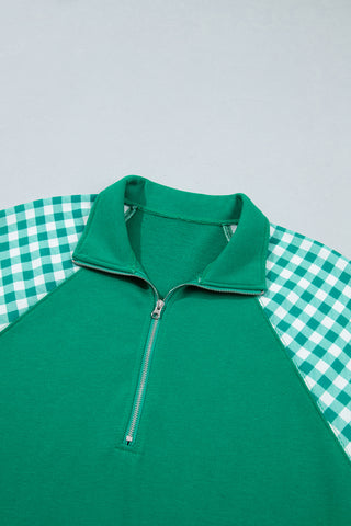 Navy Blue Patchwork Plaid Pocket Quarter Zip Sweatshirt