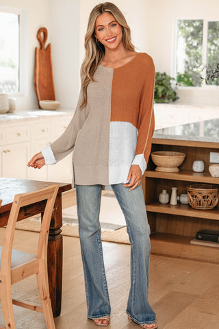 Evergreen Color Block Knit V Neck Loose Sweater