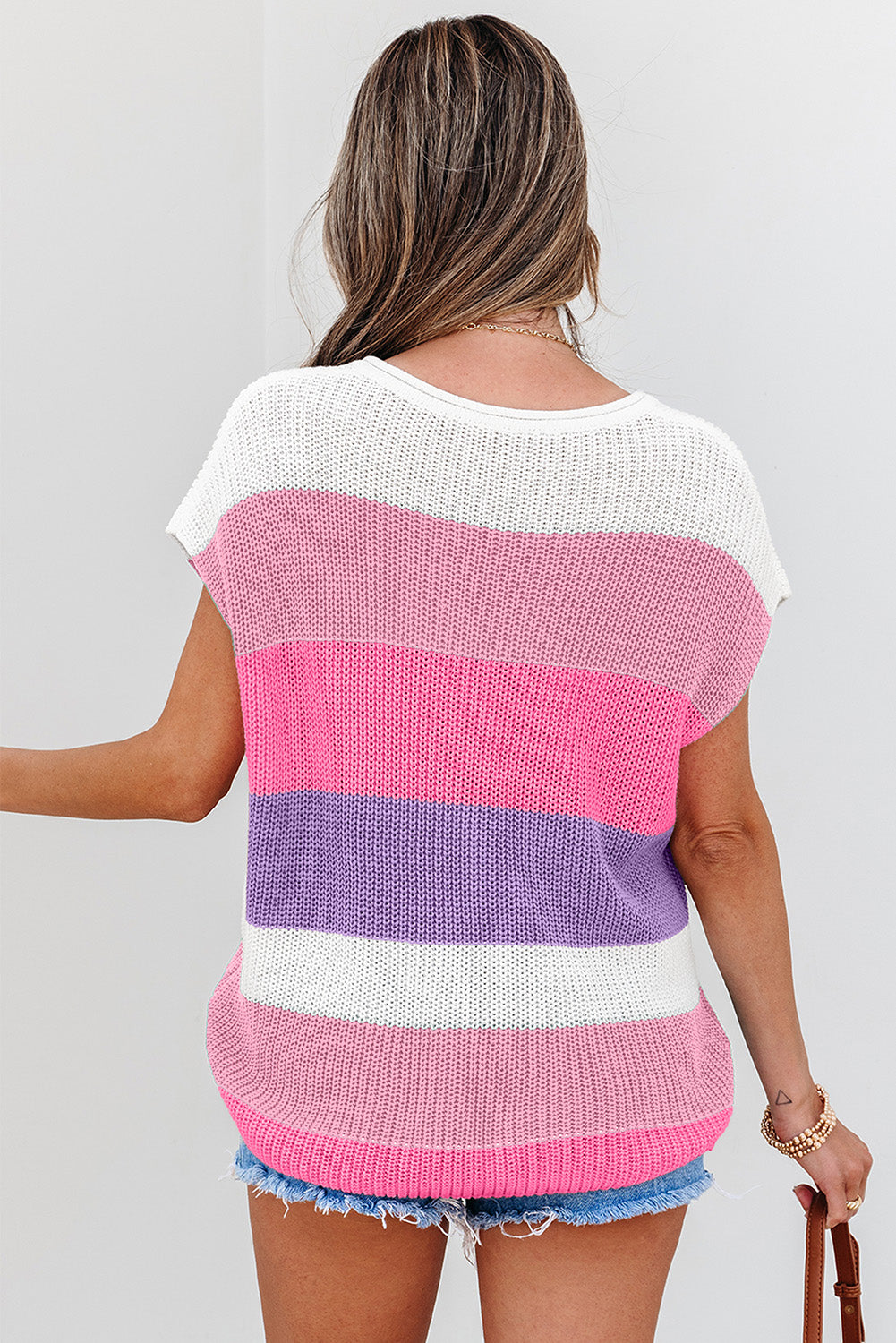 Light Blue Color Block Notch V Neck Sweater T Shirt