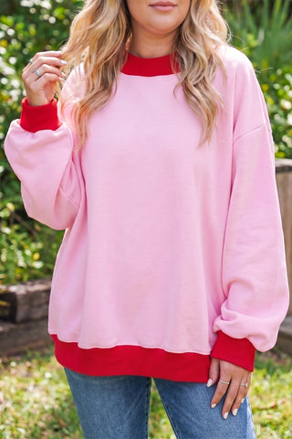 Pink Color Block Contrast Trim Plus Size Sweatshirt