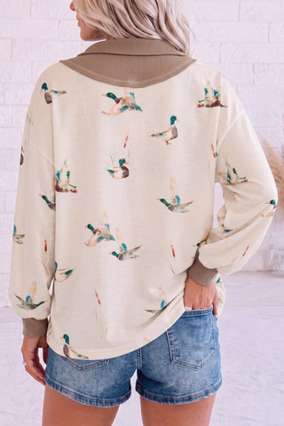 Beige Wild Mallard Print Color Block Patchwork Zip Neck Tunic Top