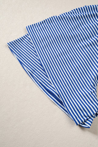 Blue Stripe Oversized Long Sleeve Top Drawstring Loose Shorts 2pcs Set