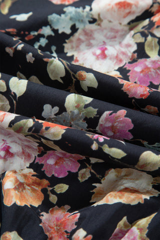 Black Floral Print Contrast Trim Tie V Neck Bracelet Sleeve Blouse