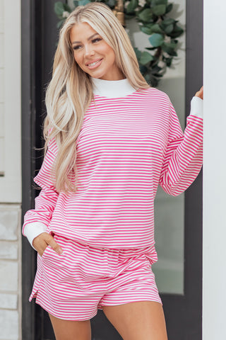 Green Stripe Oversize Mock Neck Sweatshirt and Shorts Set