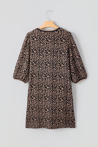 Black Leopard Print Bubble Sleeve Shift Mini Dress