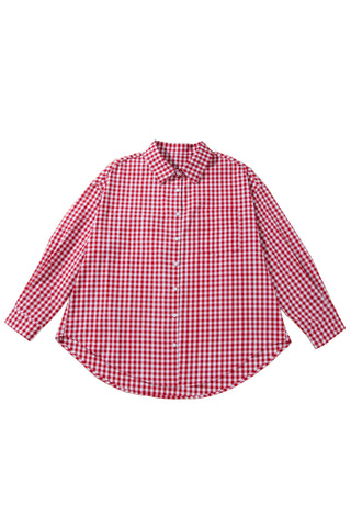 Red Plaid V Neck Long Sleeve Tunic Loose Fit Plus Size Shirt