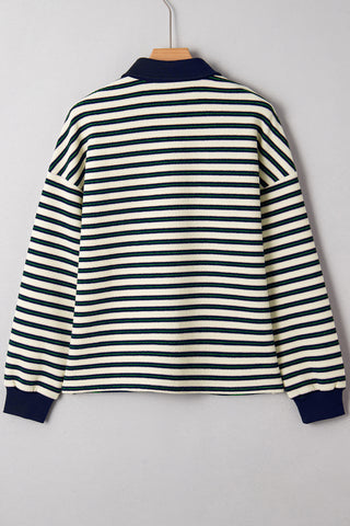Racing Red Striped Print Contrast Collar Zip V Neck Long Sleeve Top