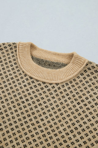 Khaki Geometric Print Drop Shoulder Round Neck Long Sleeve Sweater