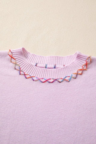 White Rainbow Stitching Balloon Sleeve Relaxed Sweater